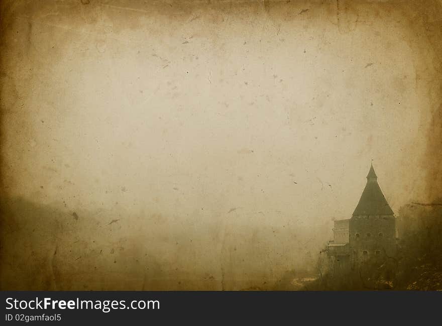 Grunge background with fortification in the fog. Space for text