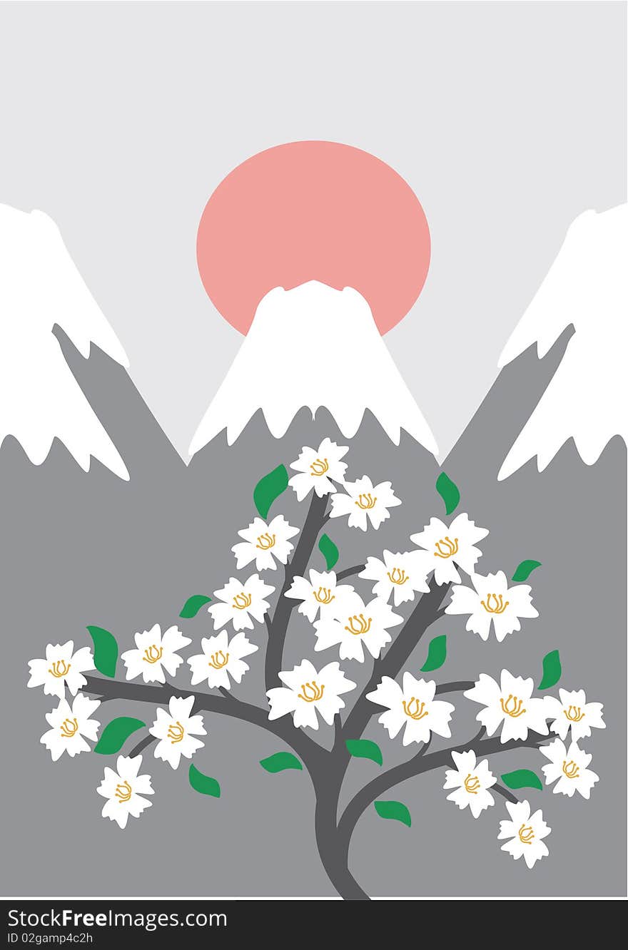 Japanese style illustration with cherry tree