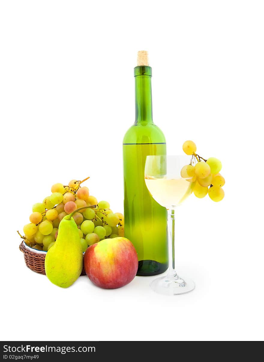 Bottle of white wine and various fruits