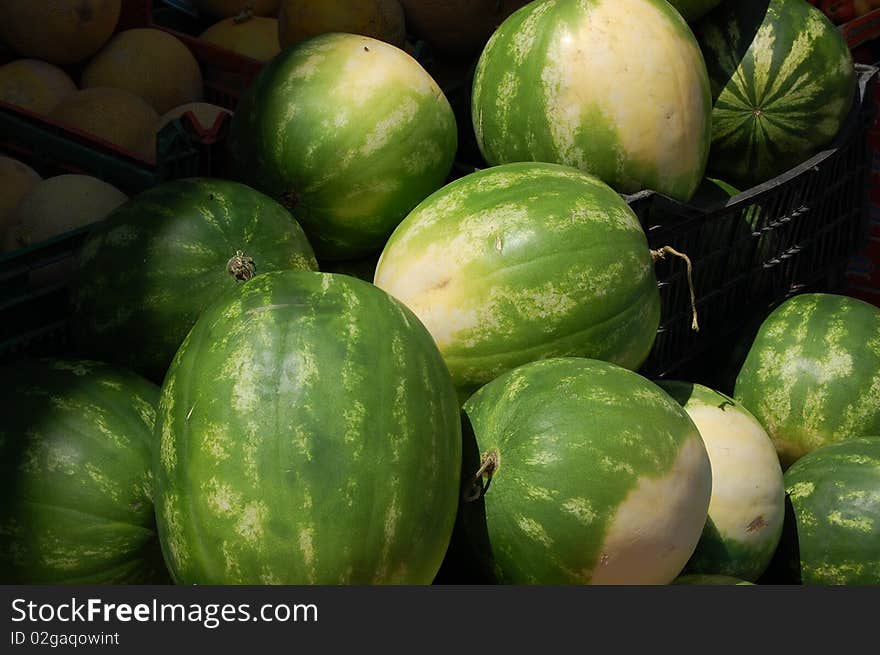 Fresh Watermelons for sale at a local market in Kerkyra, Corfu. Fresh Watermelons for sale at a local market in Kerkyra, Corfu.