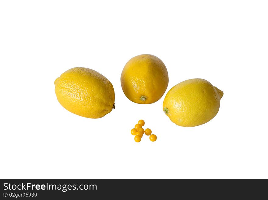 Lemons And Vitamins On White  Background