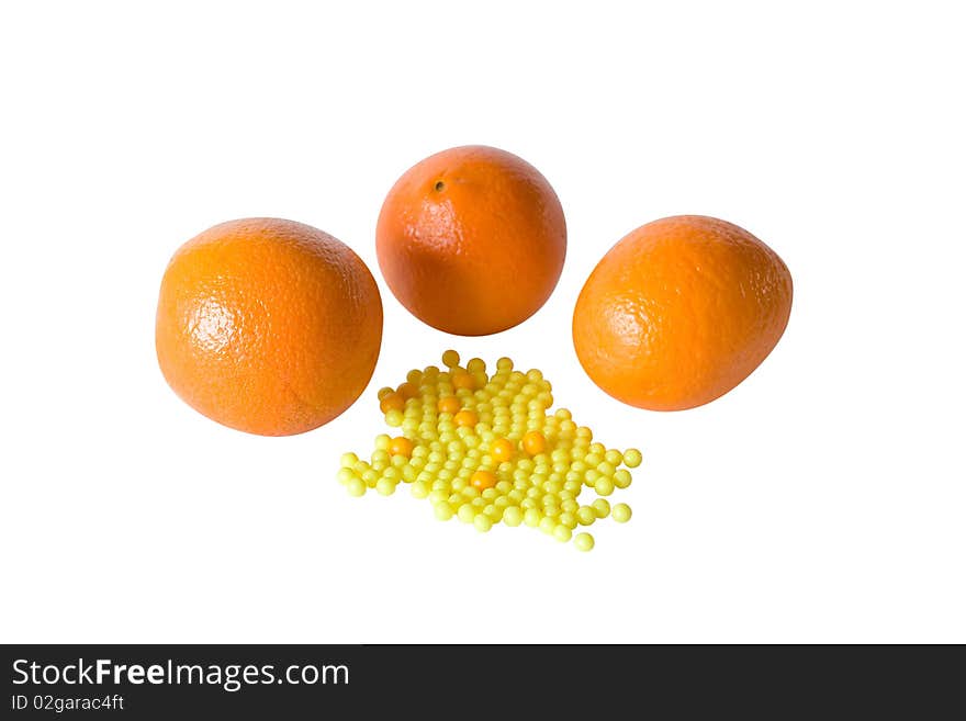 Oranges And Vitamins On White Background Isolated