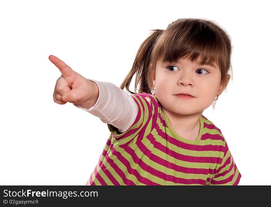 Funny little girl. Good for borders of articles or websites. Beautiful caucasian model. Isolated on white background.