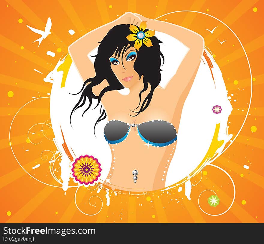 Hot Summer Party Girl With Flowers