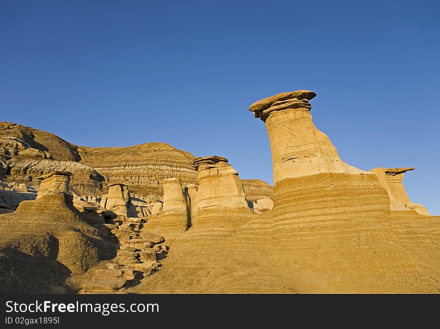 Group of hoodoos against the blue sky background