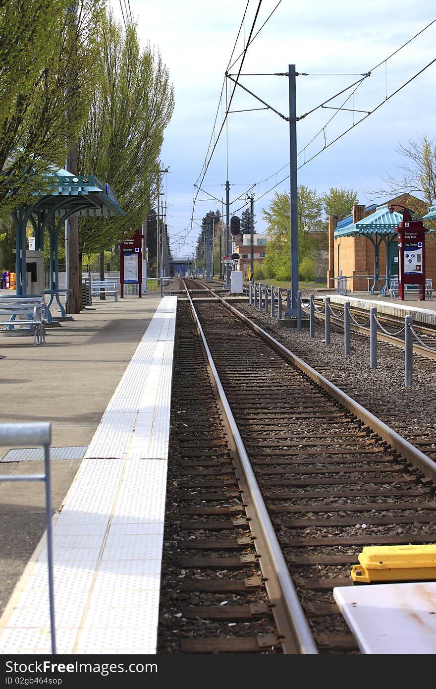 Light rail tracks and platform in Gresham Oregon. Light rail tracks and platform in Gresham Oregon.