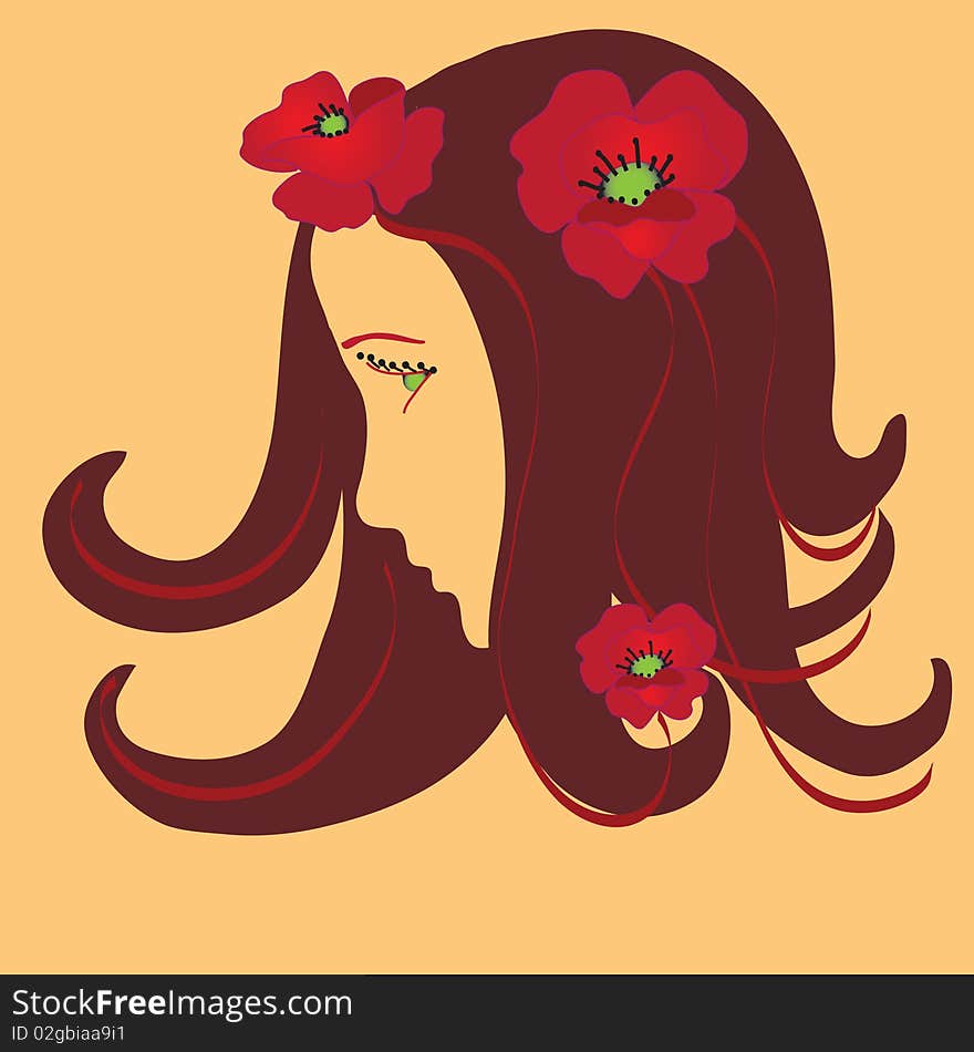 Girl stylized profile with red  poppies