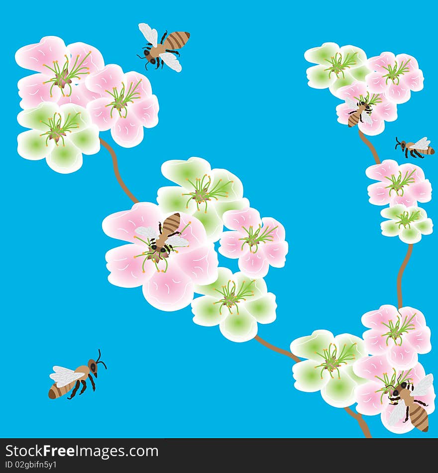 Spring flowers  with bees in the blue sky