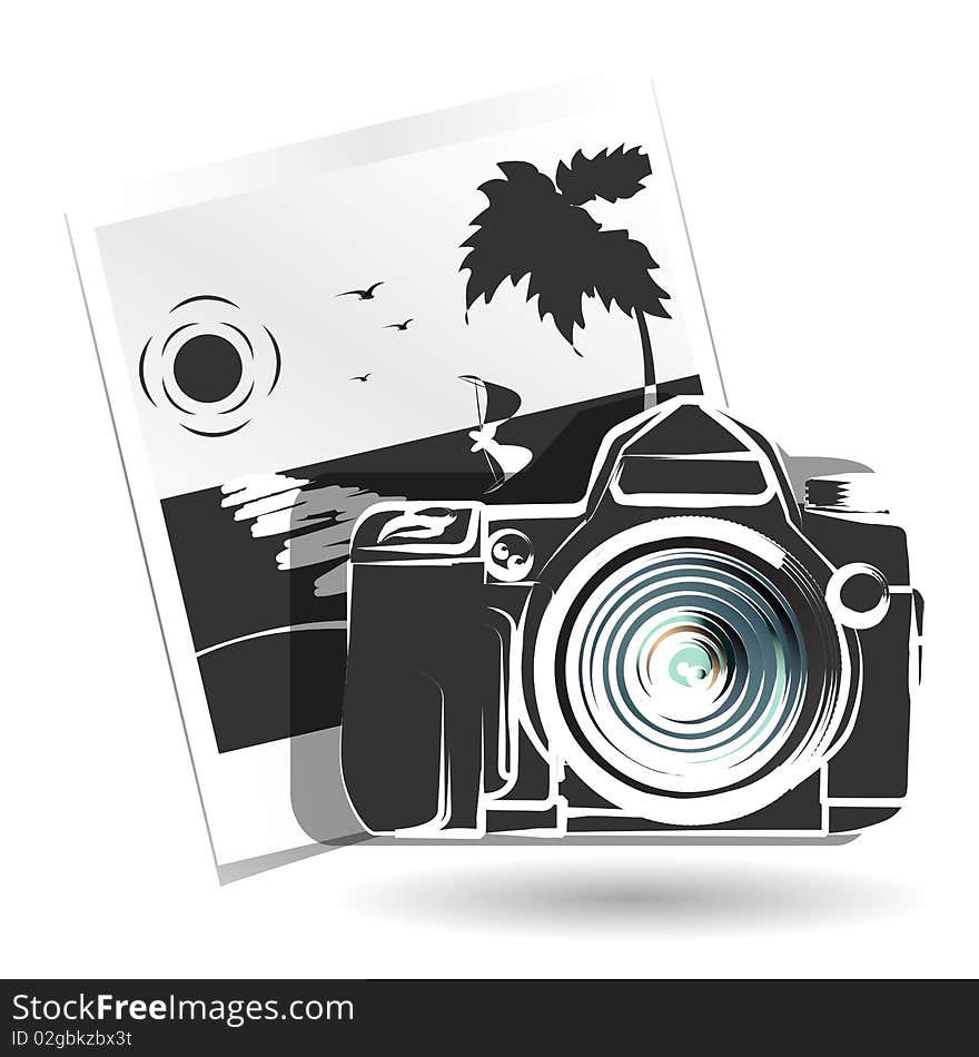 Illustration, photo camera on background photo with landscape