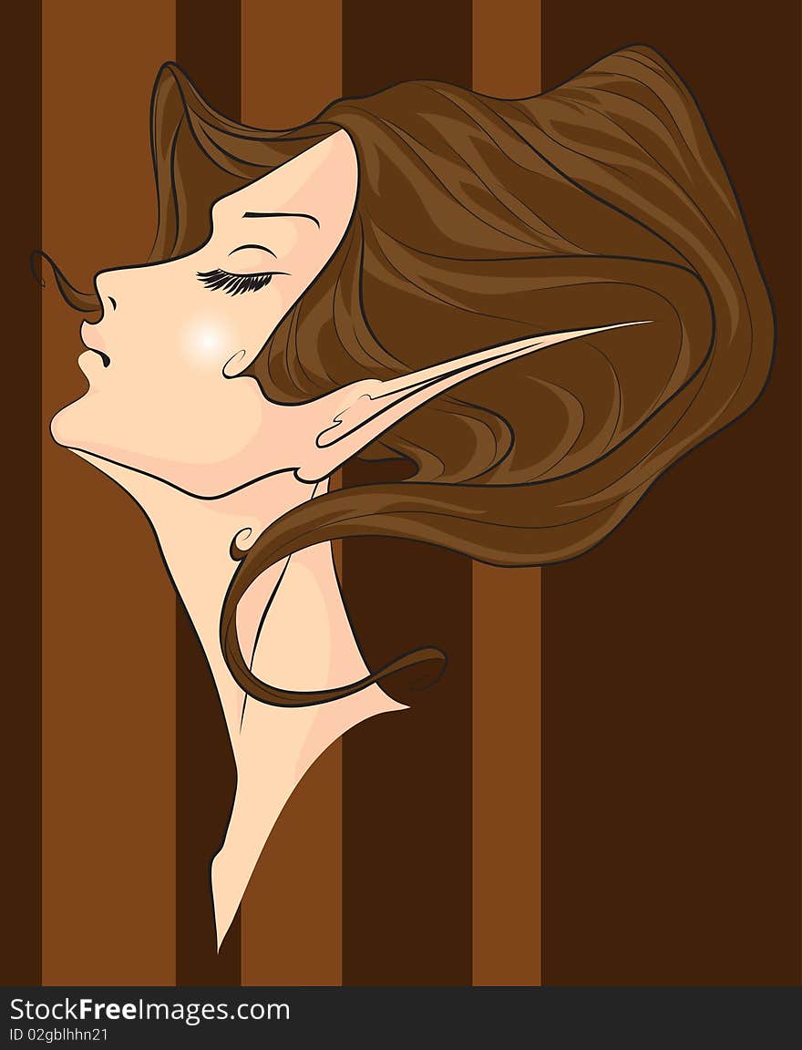 Picture represents an elf's woman head with long dark brown hair. Picture represents an elf's woman head with long dark brown hair.