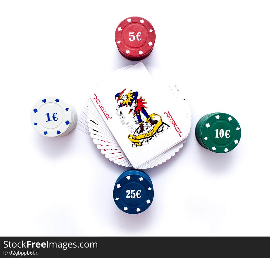 Chips of poker and playing cards on a white background for your illustrations