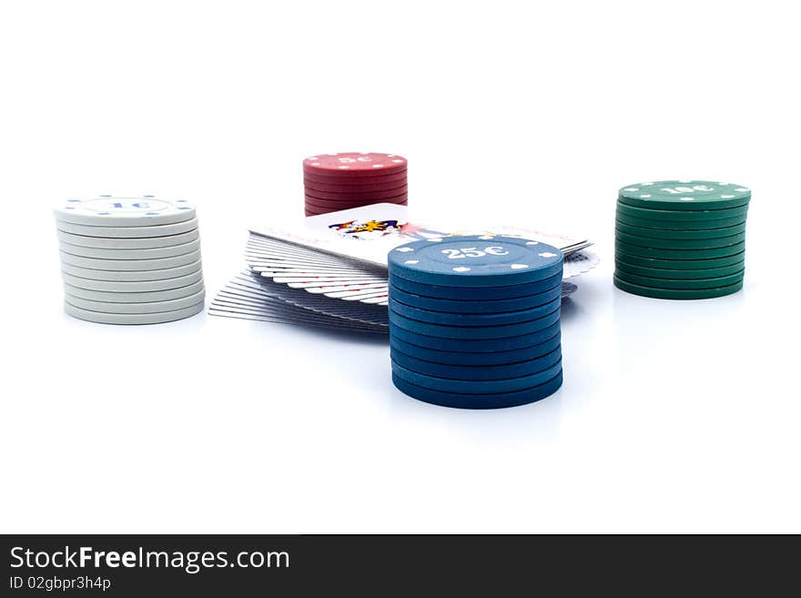 Chips of poker and playing cards on a white background for your illustrations