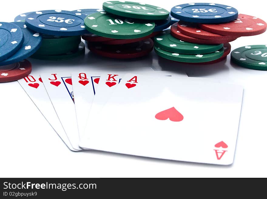 Chips of poker and playing cards on a white background for your illustrations