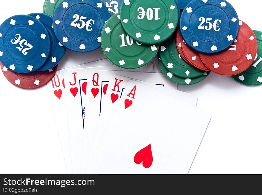 Chips of poker and playing cards on a white background for your illustrations