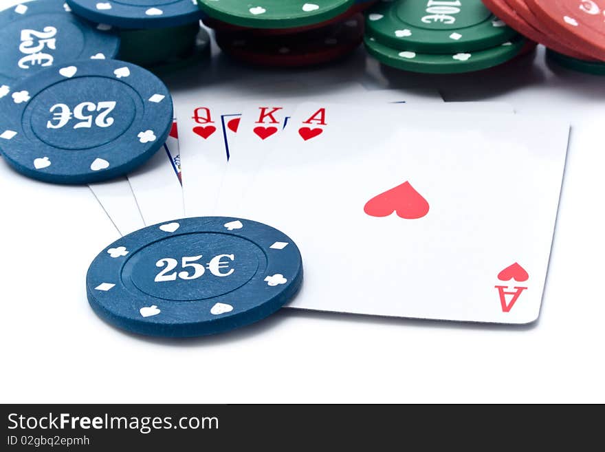 Chips of poker and playing cards on a white background for your illustrations