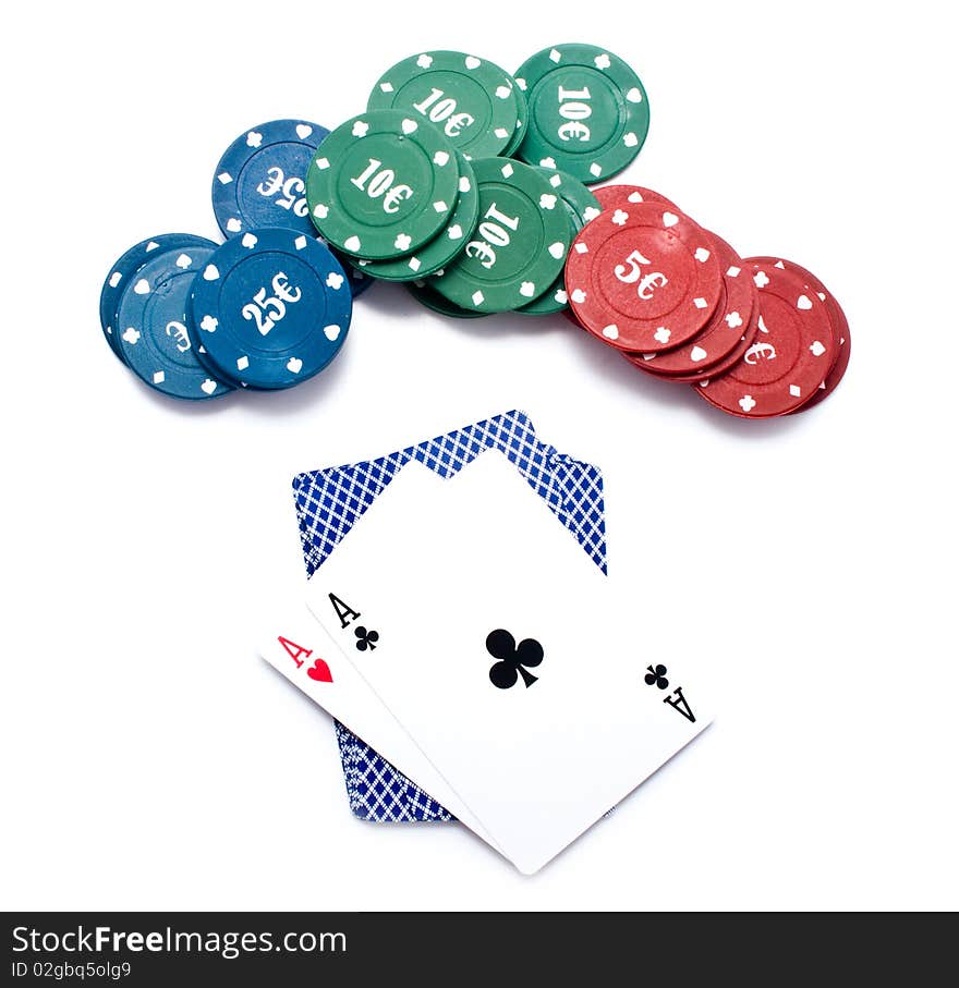 Chips of poker and playing cards on a white background for your illustrations