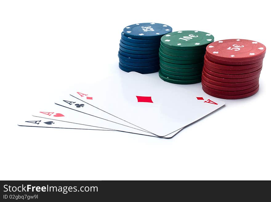 Chips of poker and playing cards on a white background for your illustrations