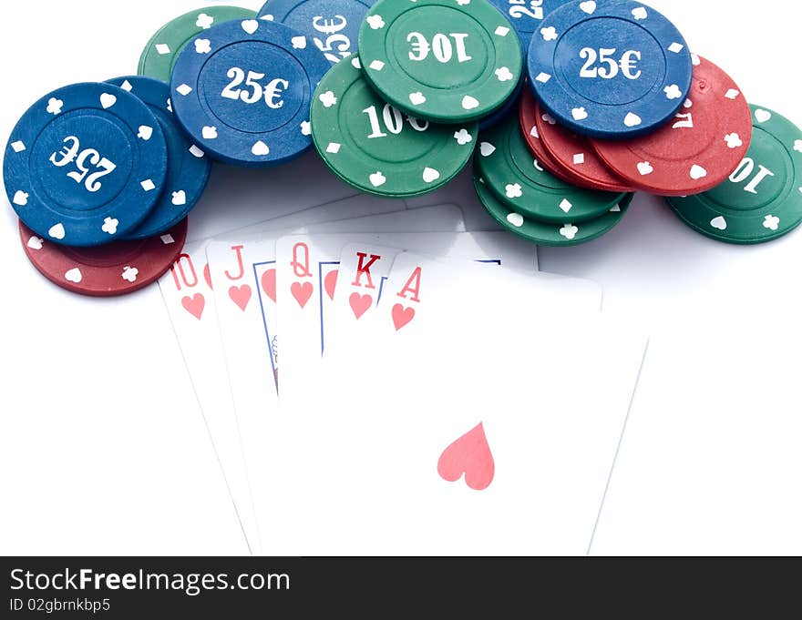 Chips of poker and playing cards on a white background for your illustrations