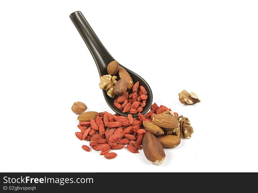 Goji Berries And Nuts On A Spoon