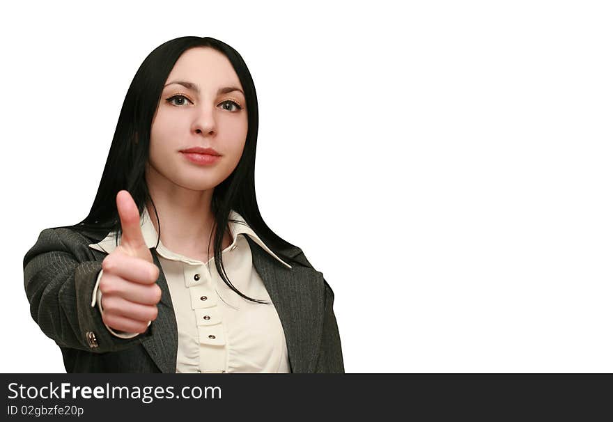 Business woman holds thumbs up on white background