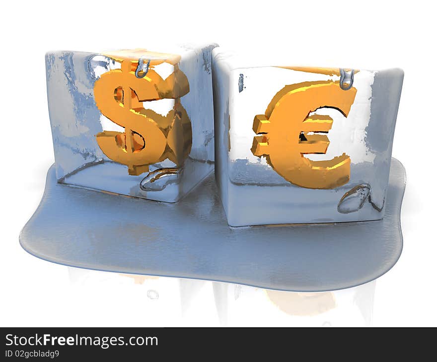 Abstract 3d illustration of ice cubes with money signs inside. Abstract 3d illustration of ice cubes with money signs inside