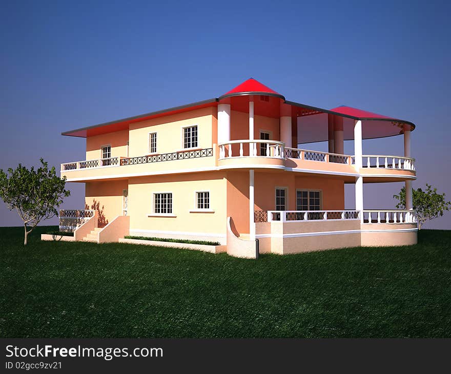 Modern cottage on a background of green grass