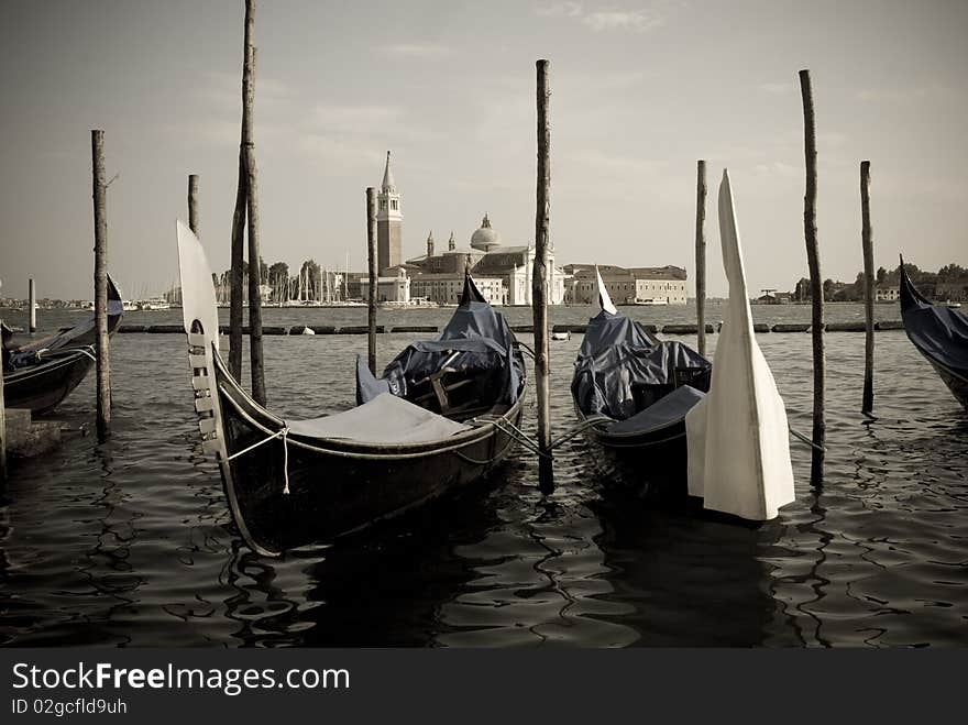 Boats and gondolas at the Venice bay