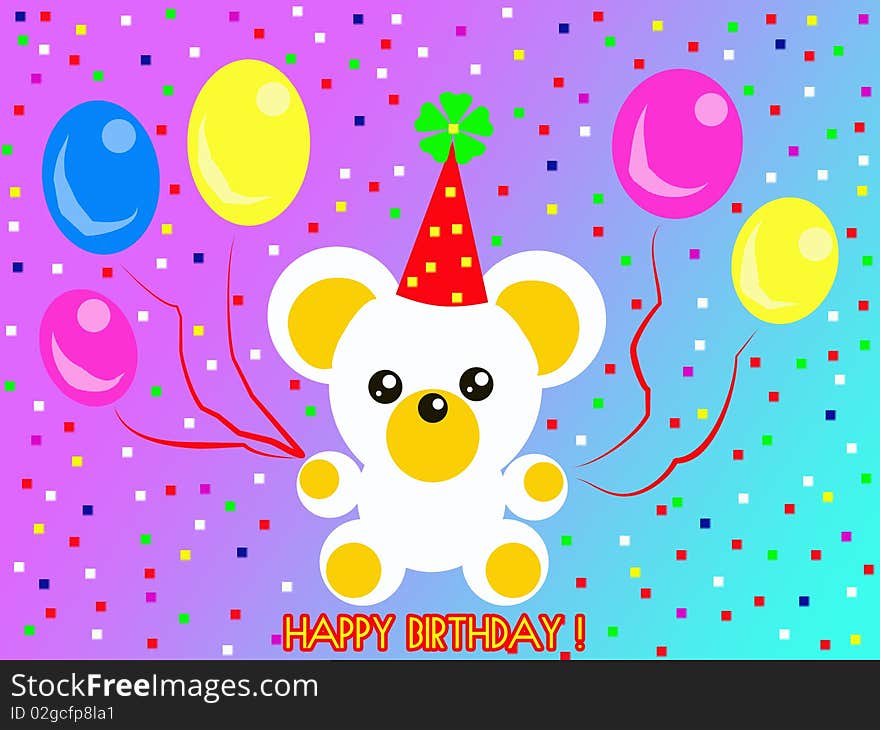 A white and cute teddy bear holding coloured balloons for a birthday party. Digital drawing. Coloured picture. A white and cute teddy bear holding coloured balloons for a birthday party. Digital drawing. Coloured picture.