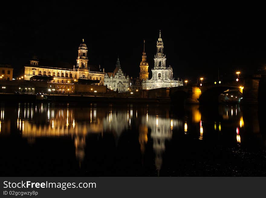 Dresden at night. Elbe river view.