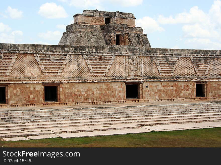 Maya Palace In Front Of The Pyramid