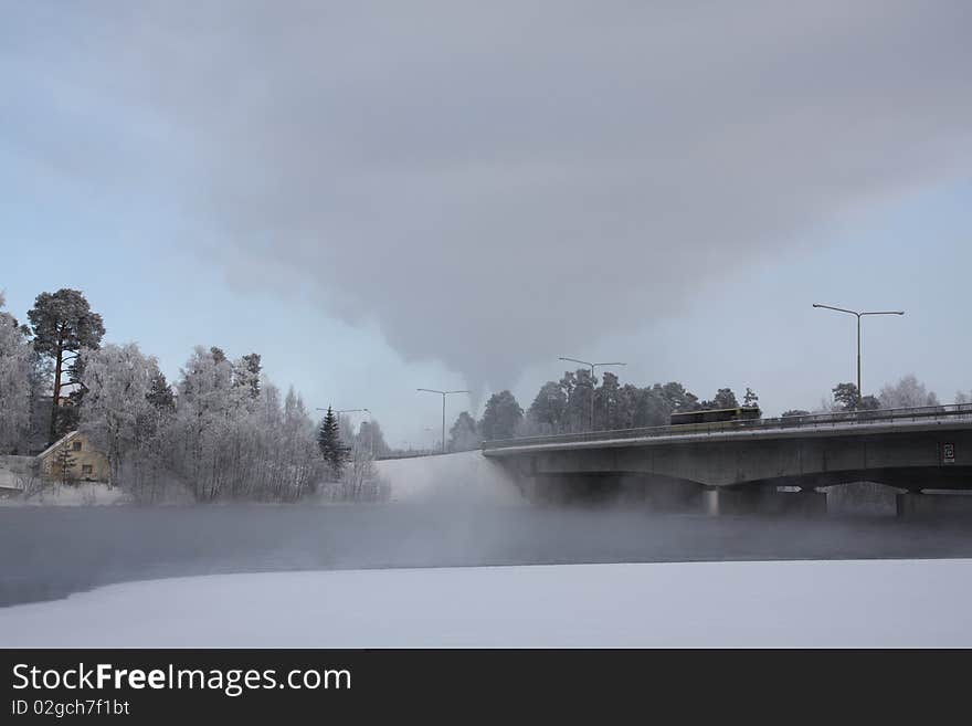 Very cold day, view over a river in Finland