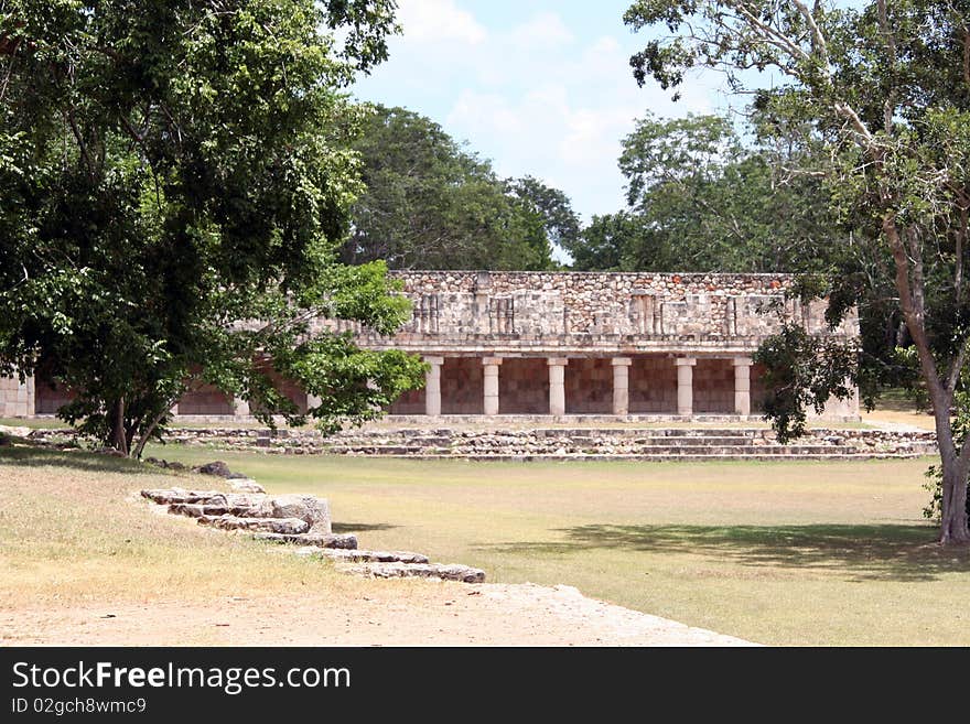 Landscape of the ancient city of Uxmal, Mexico, with its buildings like a courtyard with columns. Landscape of the ancient city of Uxmal, Mexico, with its buildings like a courtyard with columns