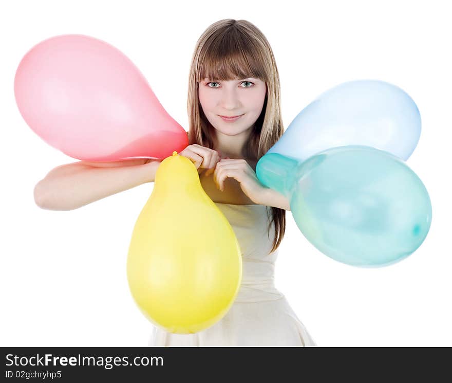 Bright picture of happy blonde with color balloons