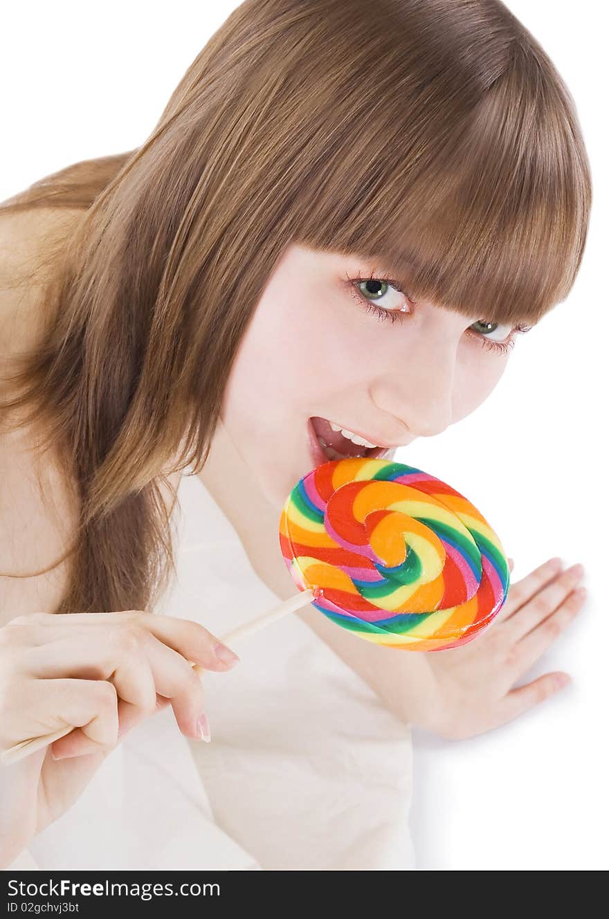 Bright Picture Of Happy Blonde With Color Lollipop