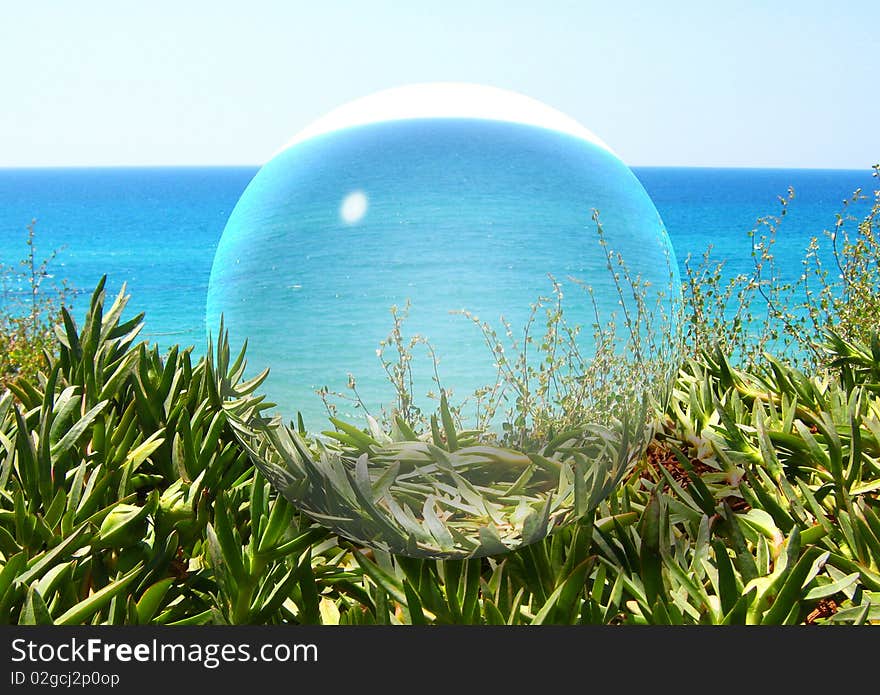 View through the glass ball. View through the glass ball