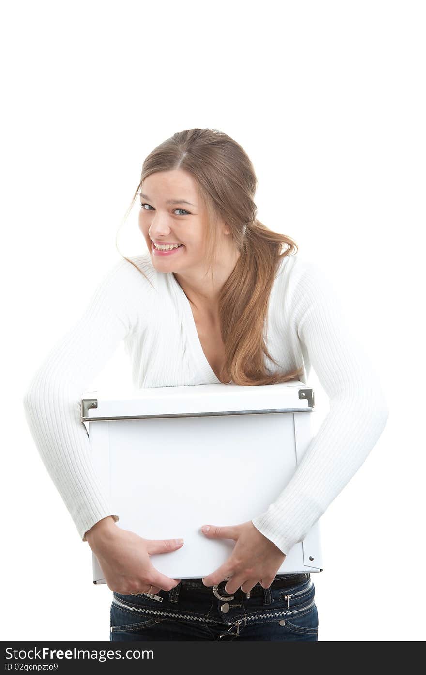 Portrait Of A Smiling Girl Holding White Box