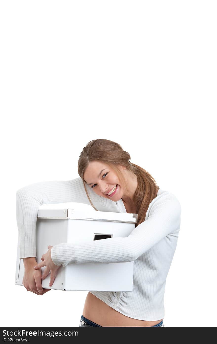 Portrait Of A Smiling Girl Holding White Box