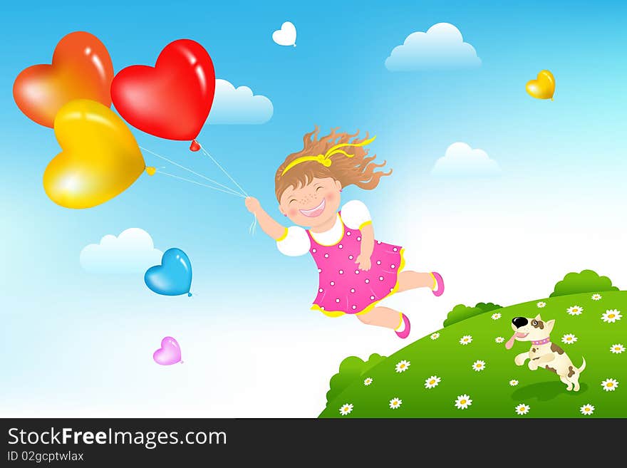 Smiling Girl flying on colorful balloons above green grass hill and her dog. Smiling Girl flying on colorful balloons above green grass hill and her dog