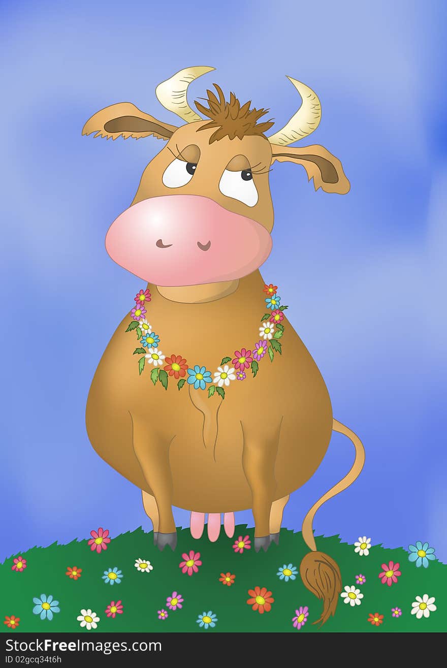 Beautiful pensive cow on a flower meadow. Beautiful pensive cow on a flower meadow