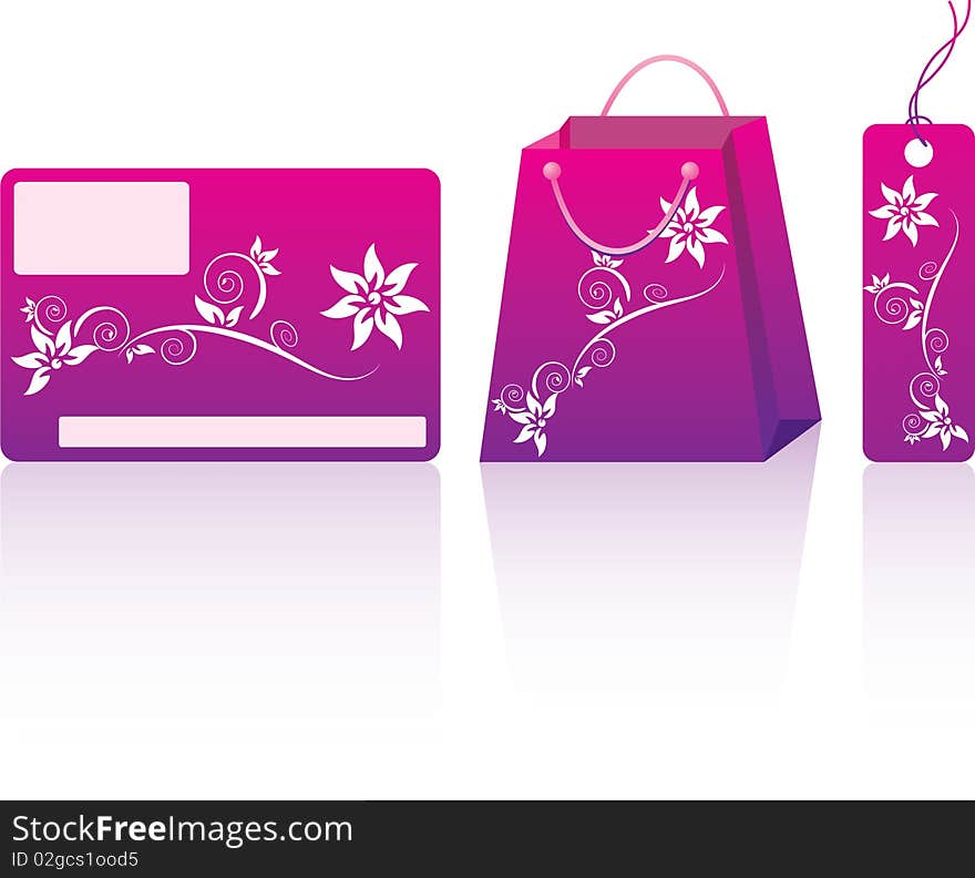 Pink shopping set. Many decorative elements. Isolated on a white background. Vector will be aditional