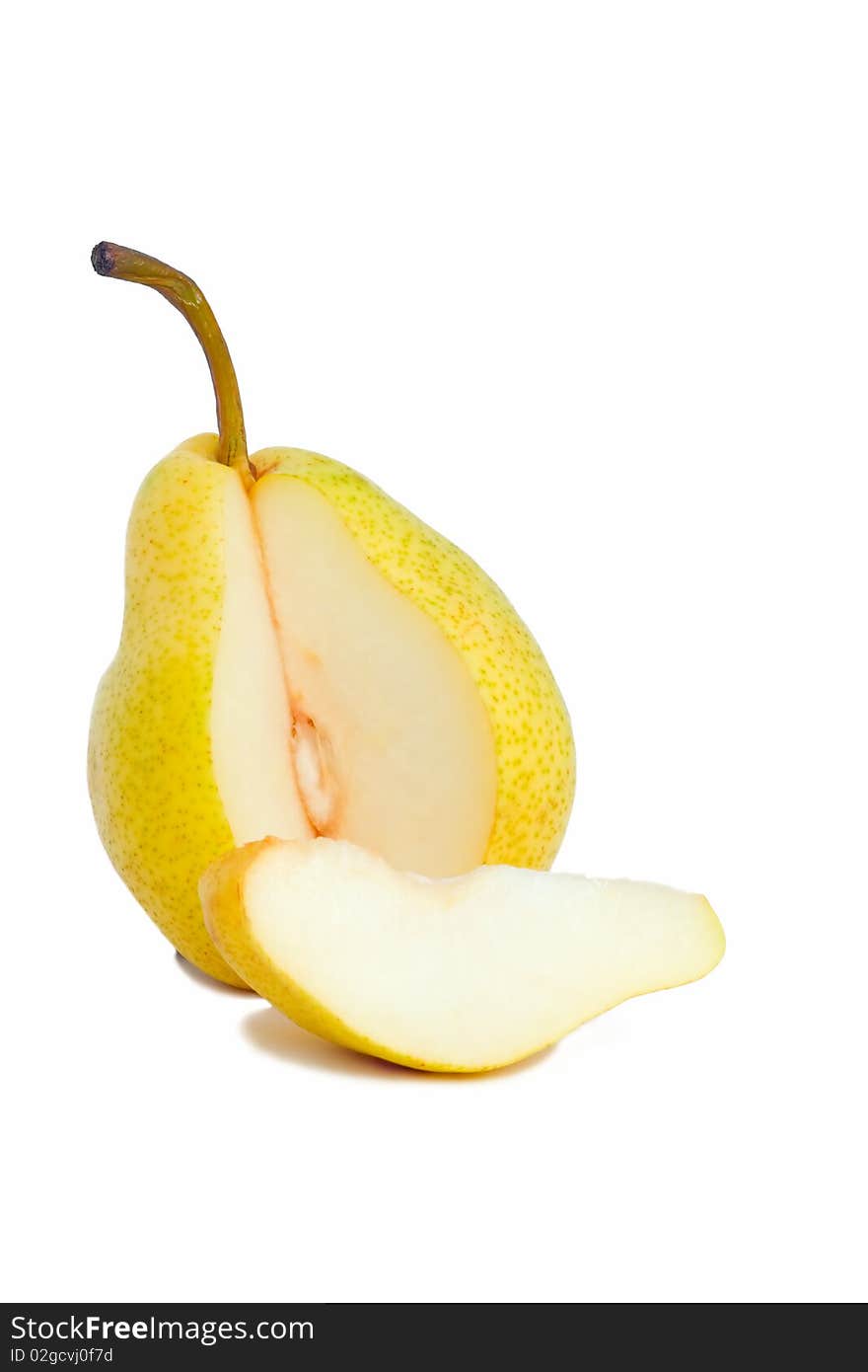 Cut pear and slice on a white background.