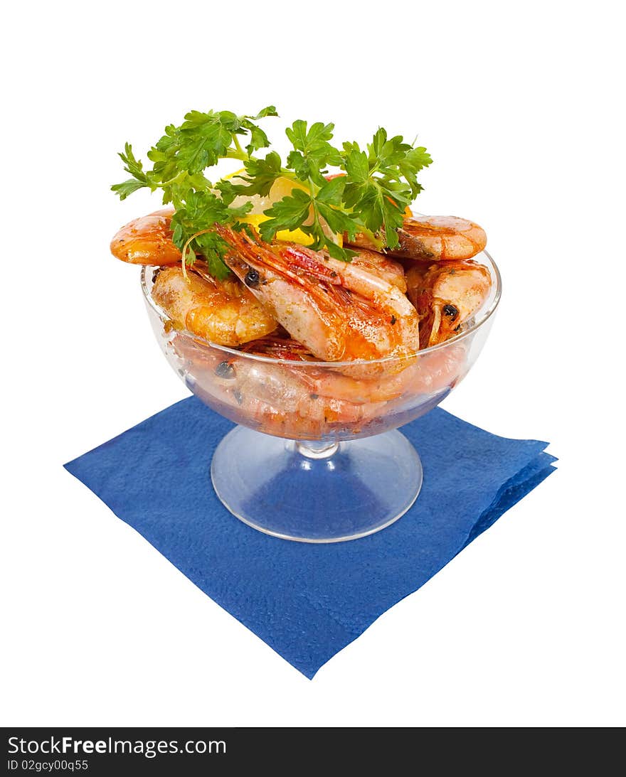 Grilled shrimps with parsley  on white background