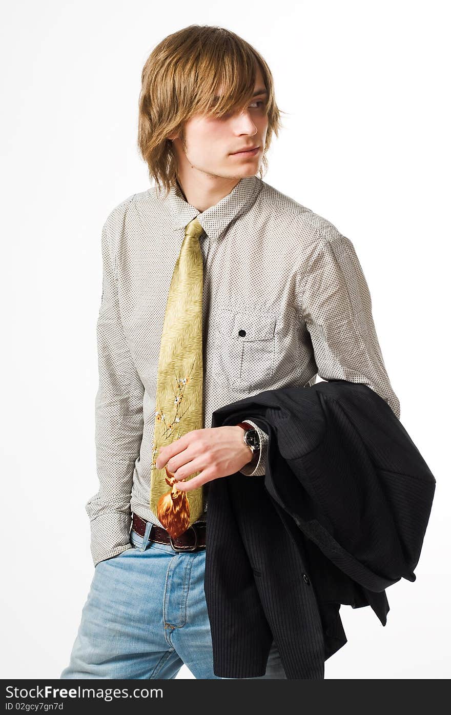 Waist up portrait of young man on light grey background