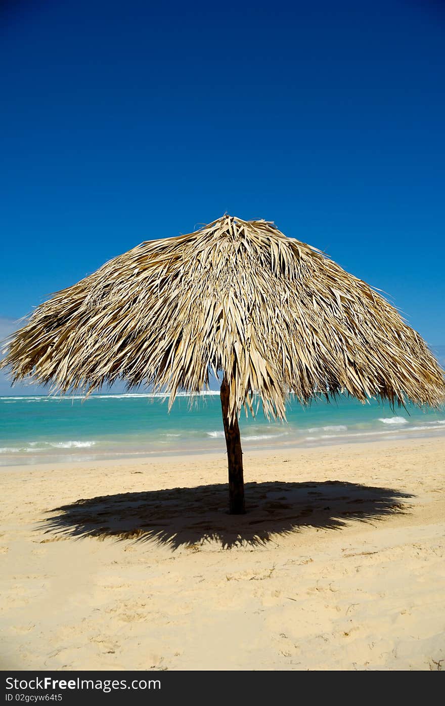 Parasol made out of palm leafs on exotic  beach. Dominican Republic, Punta Cana.