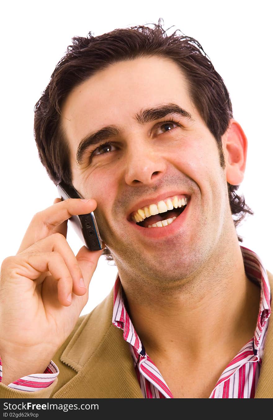 Young business man on the phone, isolated on white background