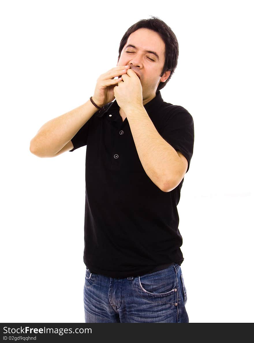 Young man whith a toothache over white background