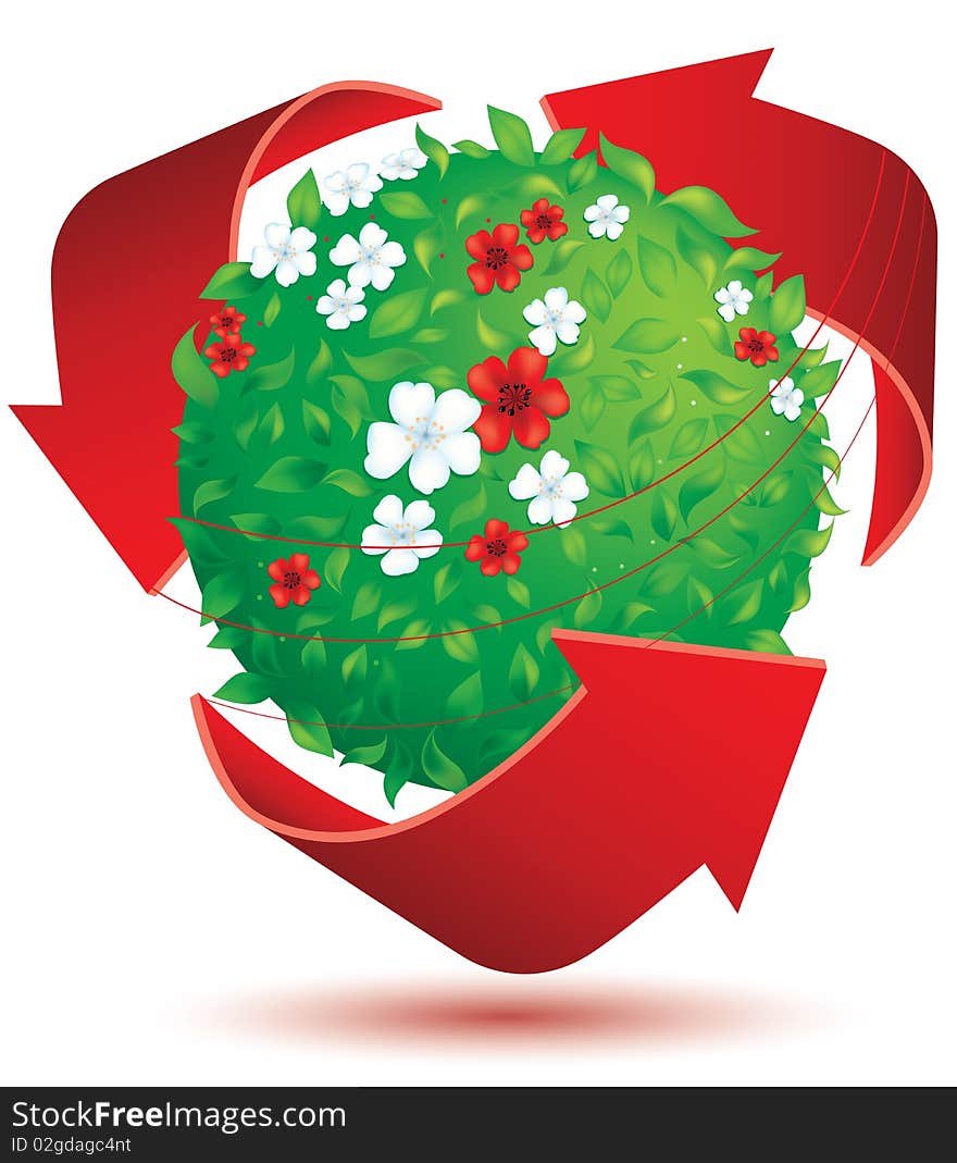 Symbolic flower blossom sphere in the recycle symbol. Symbolic flower blossom sphere in the recycle symbol