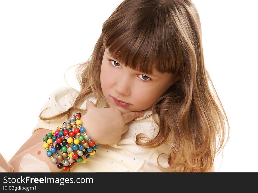 Portrait of beautiful girl with attentive look on white background