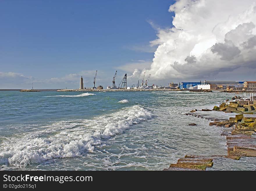 A view of the harbor in Livorno. A view of the harbor in Livorno