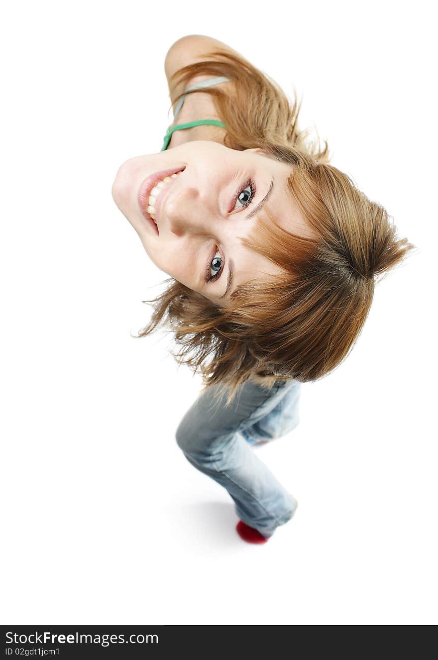 Young playfull woman on white background